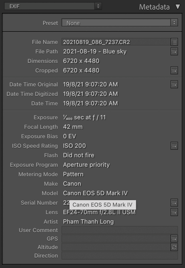 Exif của hình ảnh trong Lightroom