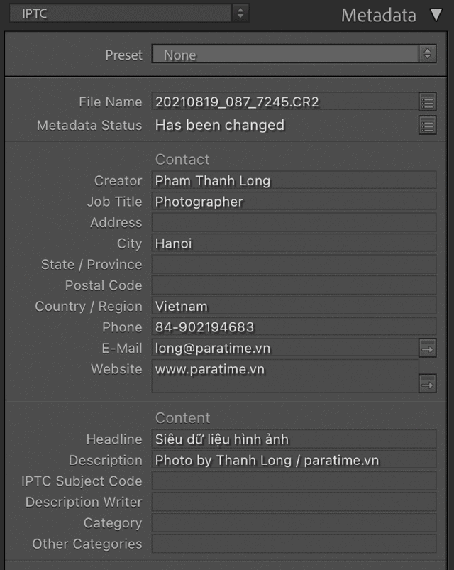 IPTC của hình ảnh trong Lightroom